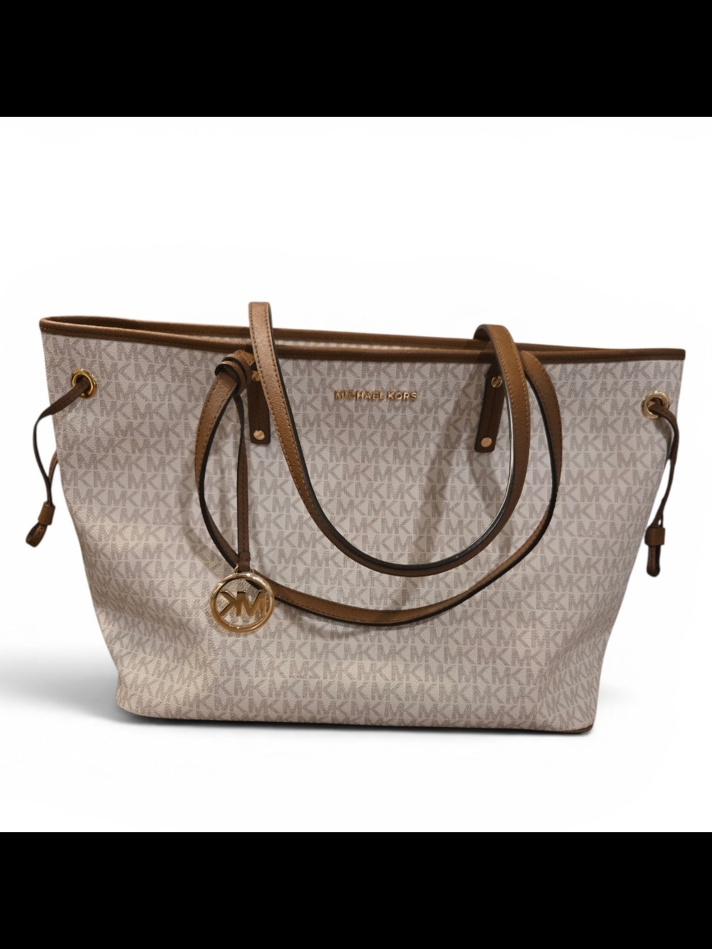 Michael Kors Beige Signature MK Tote with Brown Trim and Gold Hardware